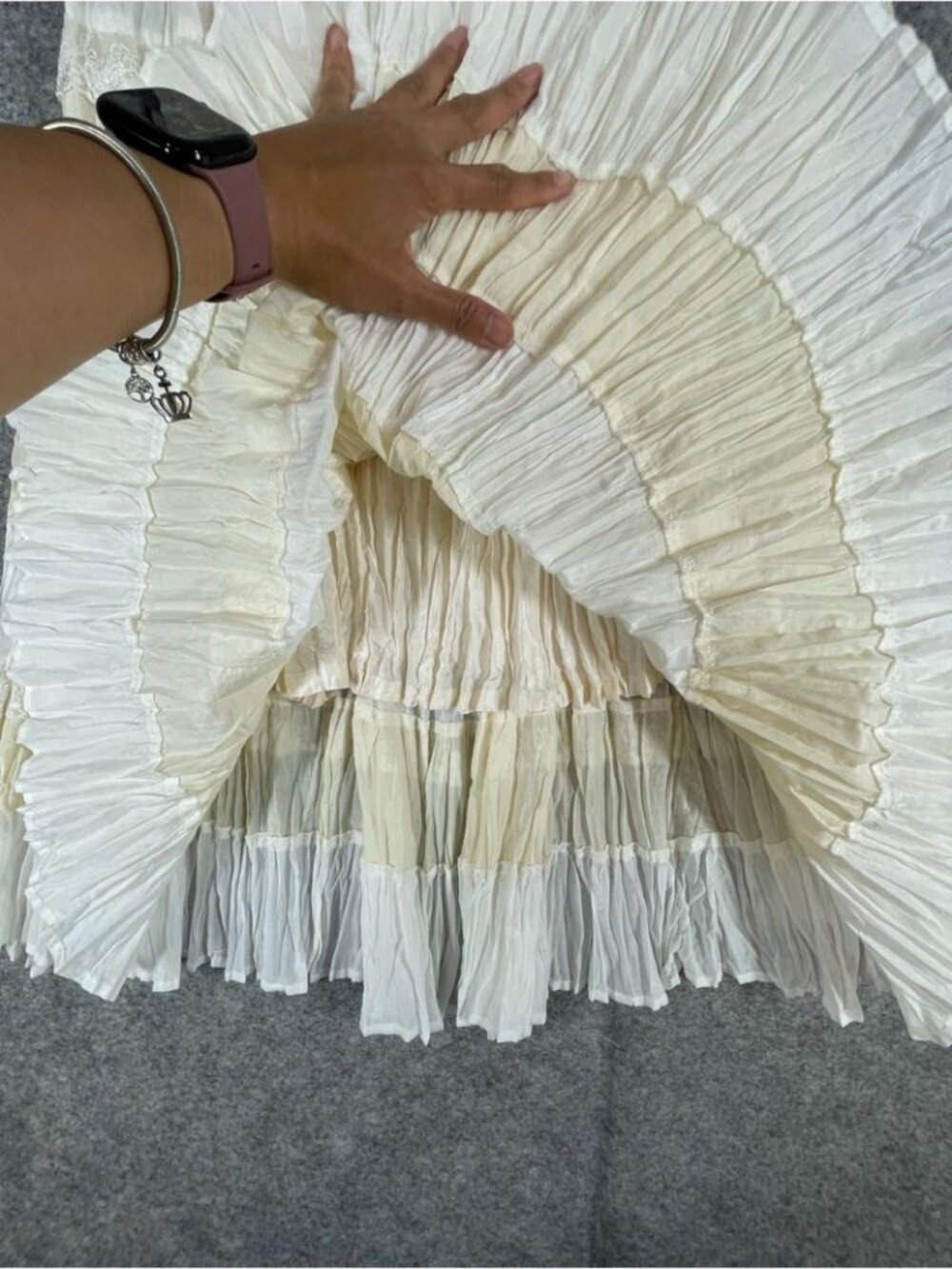 Boho Tiered Crinkle Maxi Skirt Cream White Prairie Cottagecore Festival Chic - Picture 13 of 16